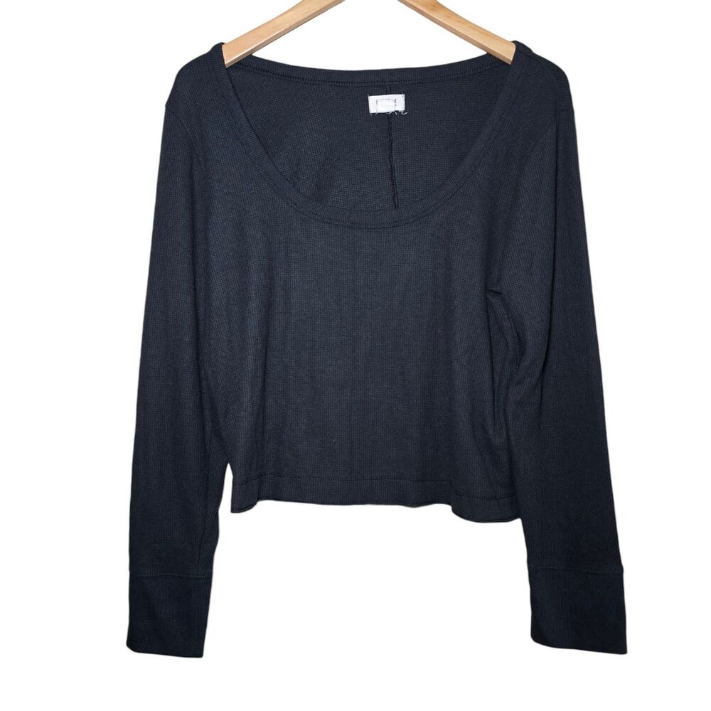 UpWest Womens XL Waffle Knit Wide Scoop Neck Long Sleeve Top Shirt Dark Grey